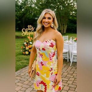 David Meister Yellow Pink Red Cotton Strapless Floral Sheath Dress Size 10